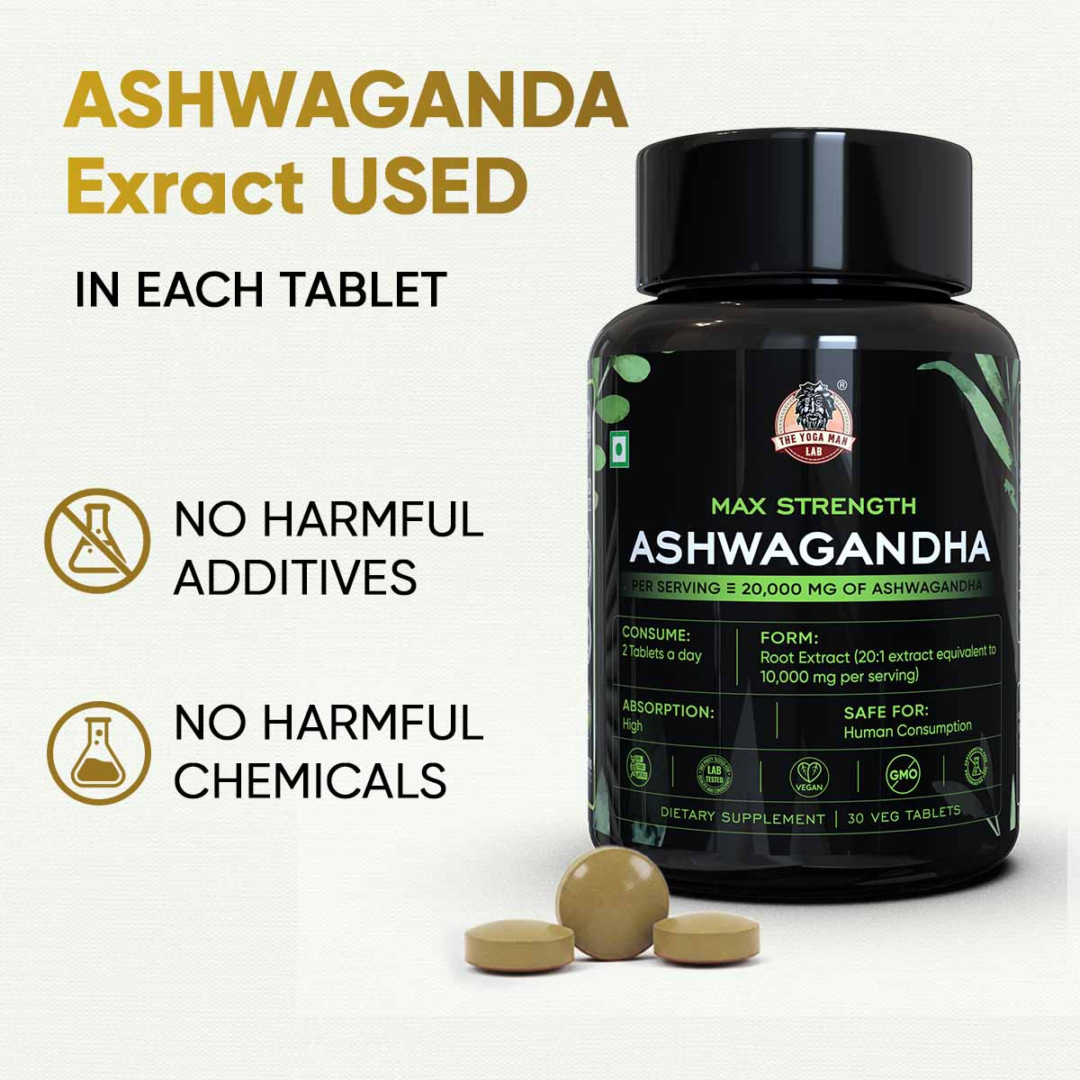 YogaManLab® Ashwagandha Tablets - 100% Lab Certified | Xtra Energy Booster & Stress Reliever - 30 Tablets - Image 4