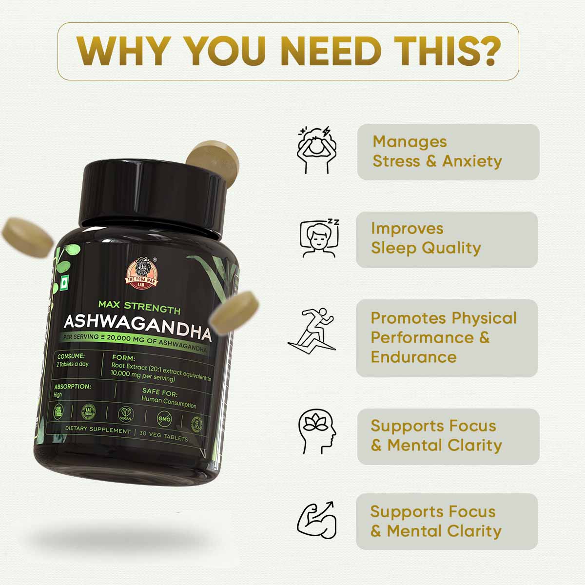 YogaManLab® Ashwagandha Tablets - 100% Lab Certified | Xtra Energy Booster & Stress Reliever - 30 Tablets - Image 8