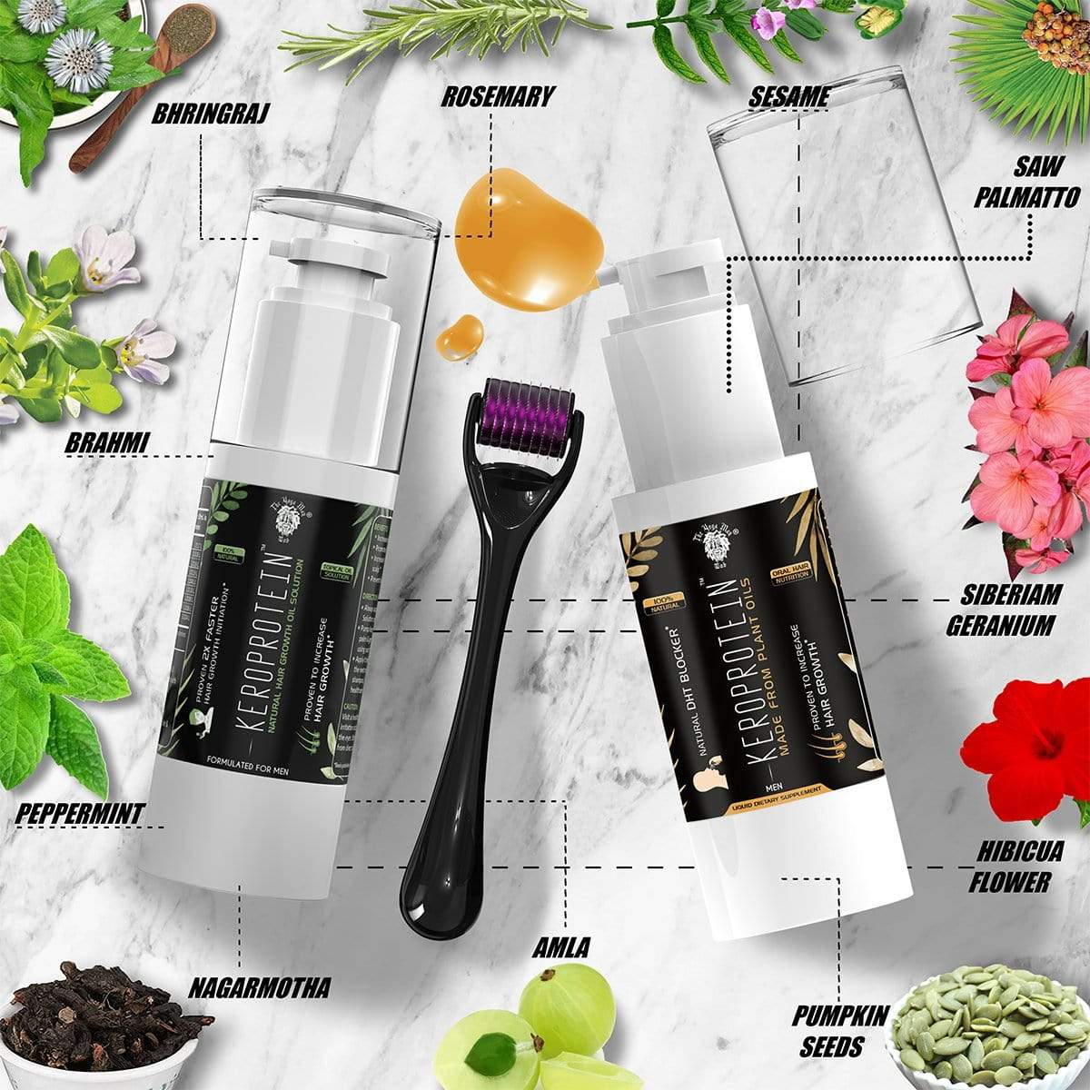 YogaManLab® KEROPROTEIN Hair Growth Kit (Men) | Topical Hair Growth Oil (30ml) + DHT Blocker Oral Oil Shots (30ml)+ Keroneedle 0.5mm |Made From Natural Plant Oils - Image 3