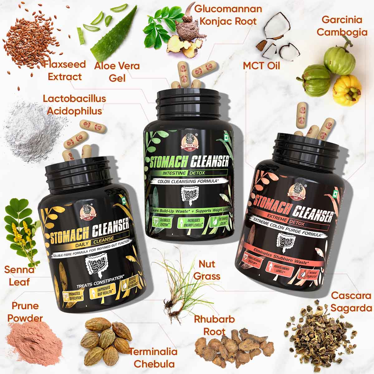 YogaManLab® STOMACH CLEANSER KIT- Extreme Purge + Intestine Detox + Daily Fiber Cleanse (3 Ayurvedic Supplements) | Probiotic Soluble Fiber Formula For Smooth Bowel Movement | 100% Natural - Image 4